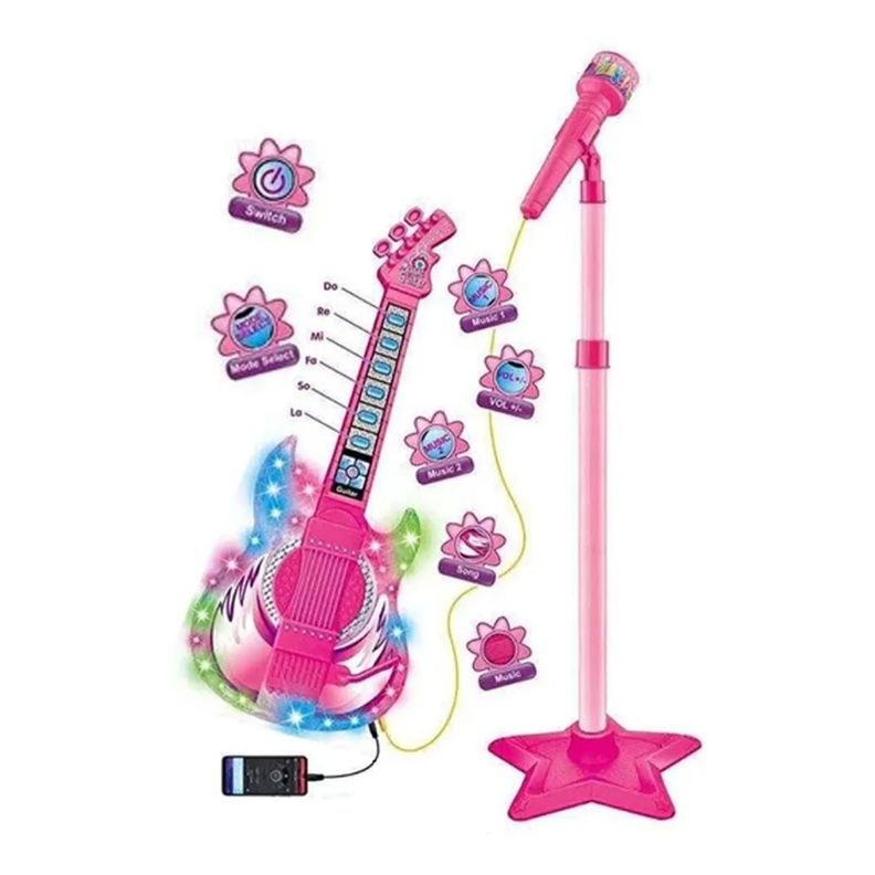Juguete Guitarra Y Microfono Musical Karaoke Rosado Infantil-1