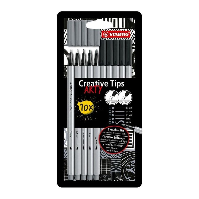 Set 10 Marcadores Creative Tips Arty Negros y Grises Stabilo