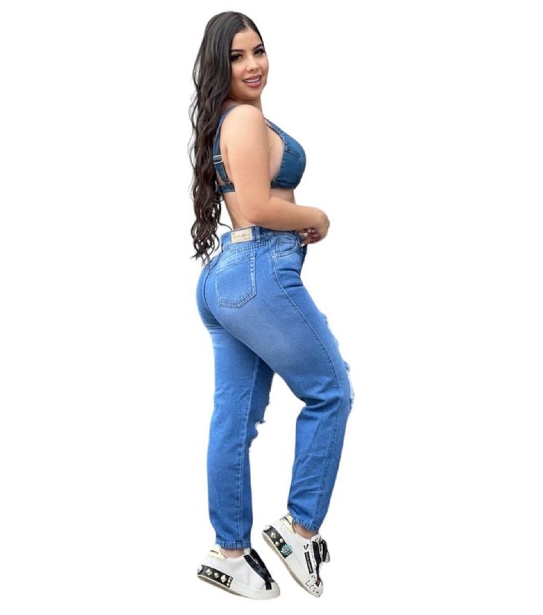 Jeans Mom Destroyed Tiro Alto Azul-1