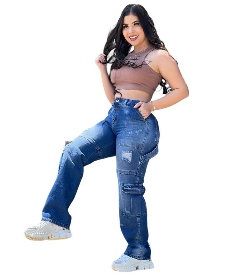 Jeans Cargo Azul Tiro Alto Azul Marino-1