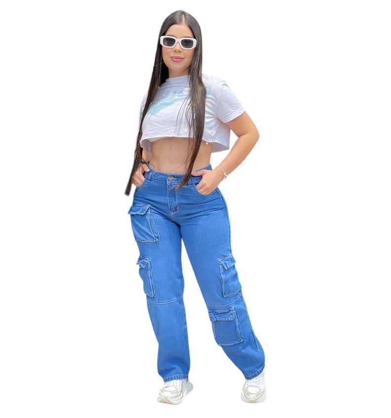 Jeans Cargo Azul Tiro Alto Azul-0