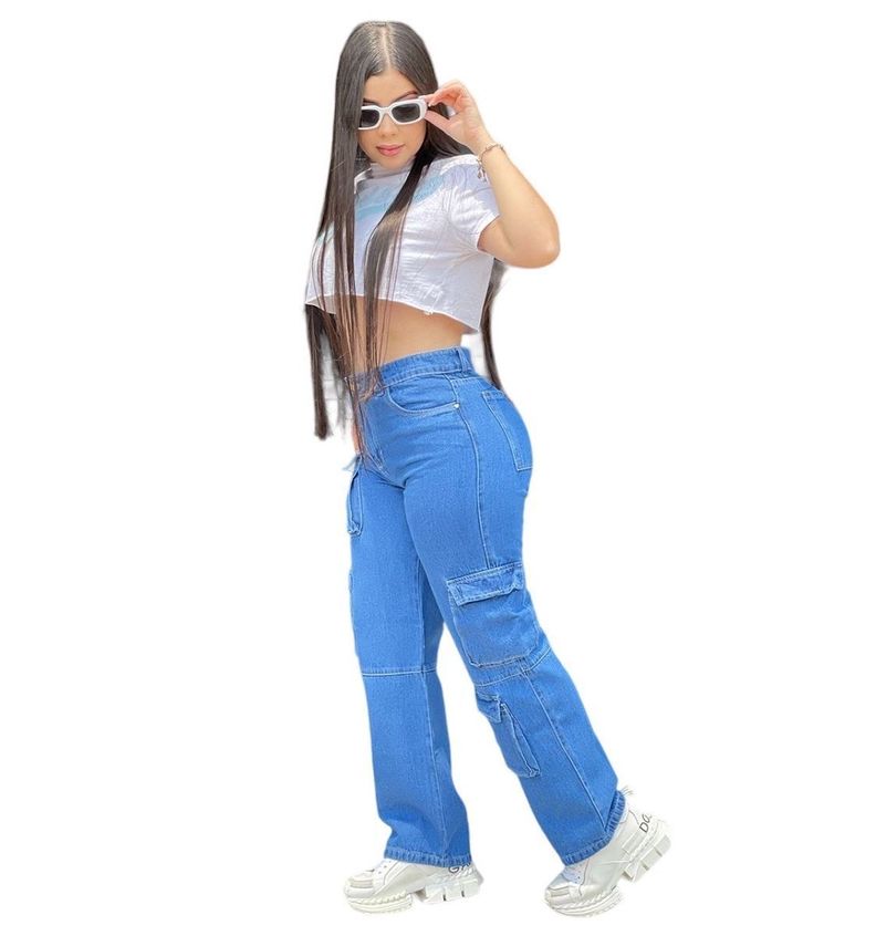 Jeans Cargo Azul Tiro Alto Azul-1