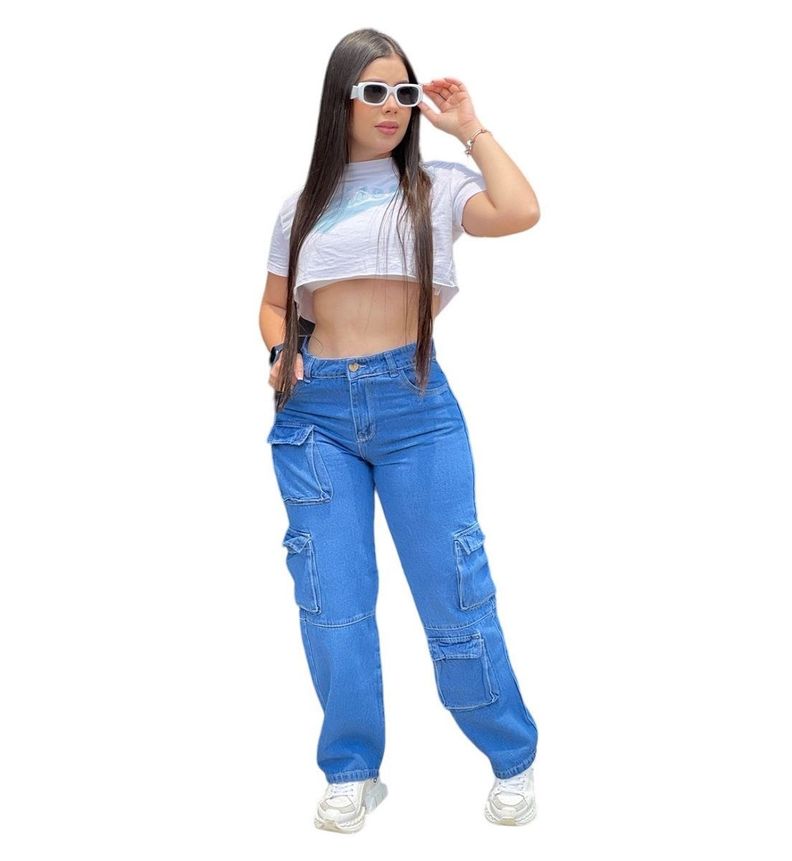 Jeans Cargo Azul Tiro Alto Azul-2
