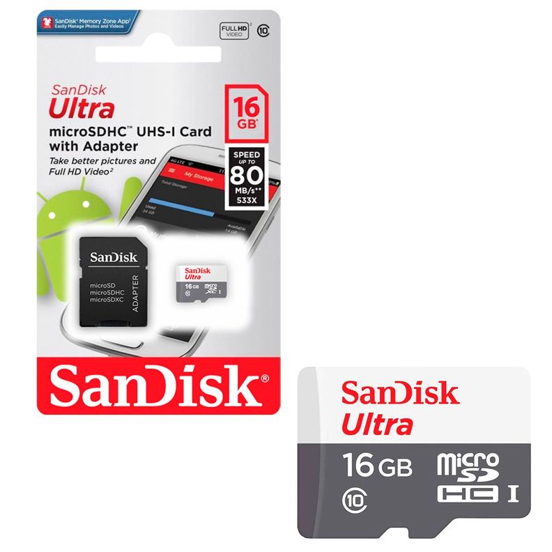 Tarjeta de Memoria MicroSD SanDisk 16GB + Adaptador 80MB/s-0