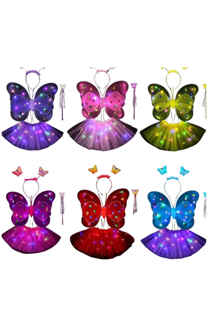 Disfraz Alas Hada Mariposa Con Luz Led Falda+varita+cintillo-1