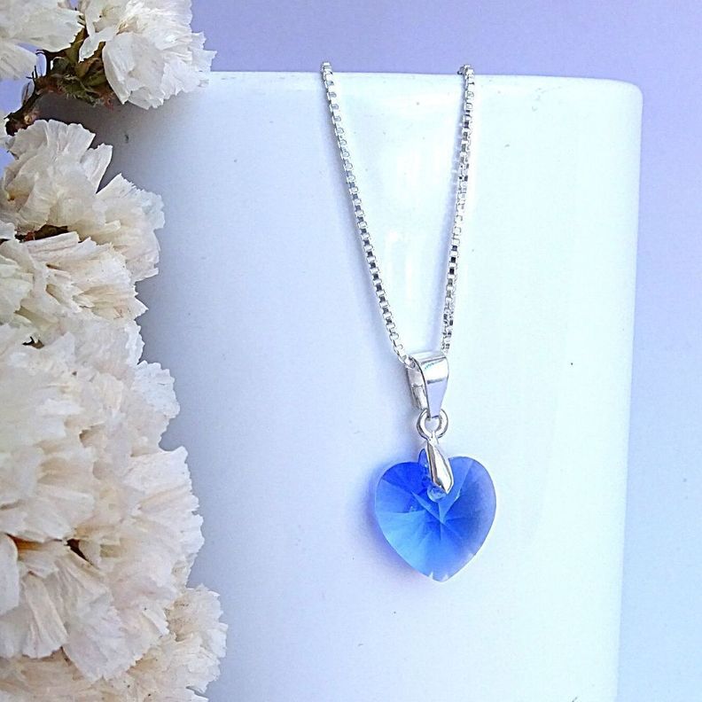 Cadena De Plata (veneciana) con Cristal Corazón Azul - MABELITA-1
