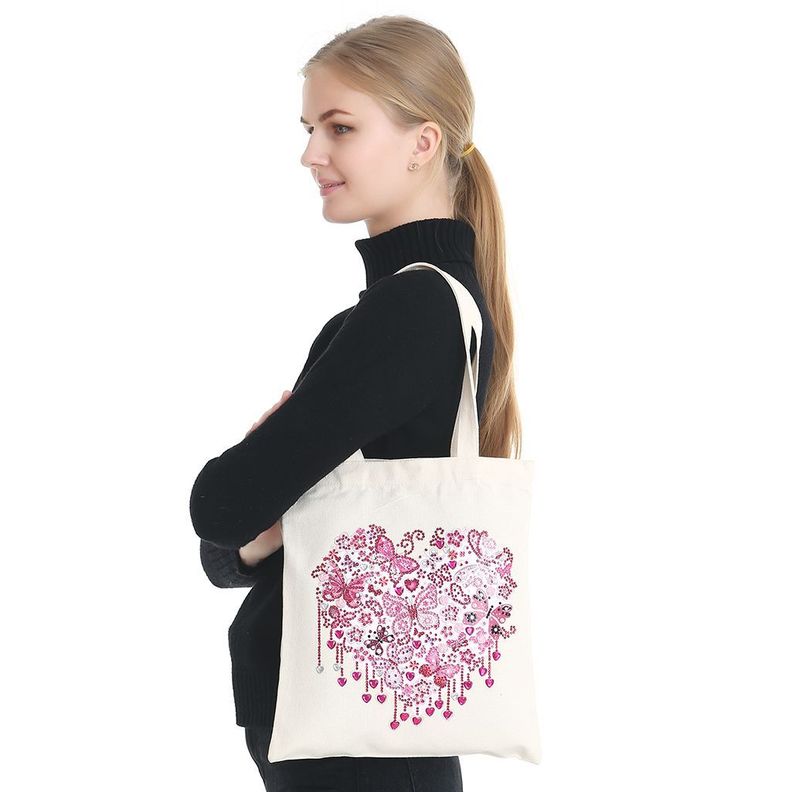 Bordado Diamante Bolsa Reutilizable de Lona Corazón Rosa-4
