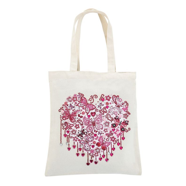 Bordado Diamante Bolsa Reutilizable de Lona Corazón Rosa-5
