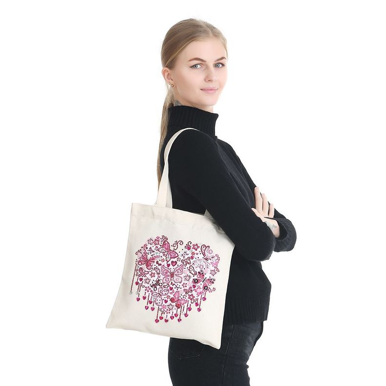 Bordado Diamante Bolsa Reutilizable de Lona Corazón Rosa-1