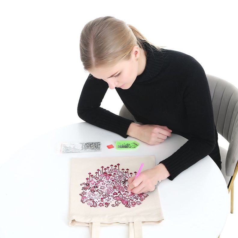 Bordado Diamante Bolsa Reutilizable de Lona Corazón Rosa-0