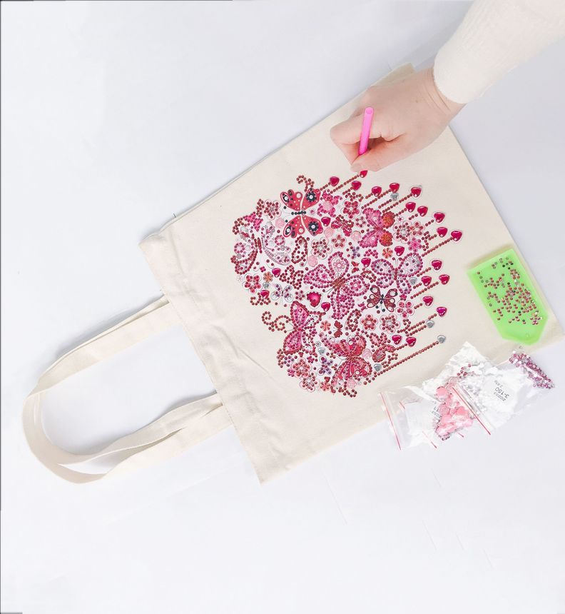 Bordado Diamante Bolsa Reutilizable de Lona Corazón Rosa-3