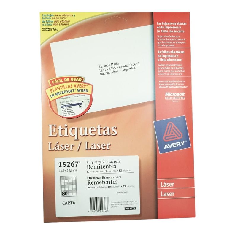 800 ETIQUETAS 4,5X1,2 CM AVERY 15267 - 10HJS CARTA BL-0