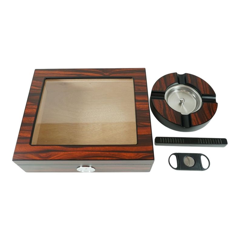 CAJA HUMIDOR DE PUROS MADERA CAOBA + HIGROMETRO Y CENICERO-0