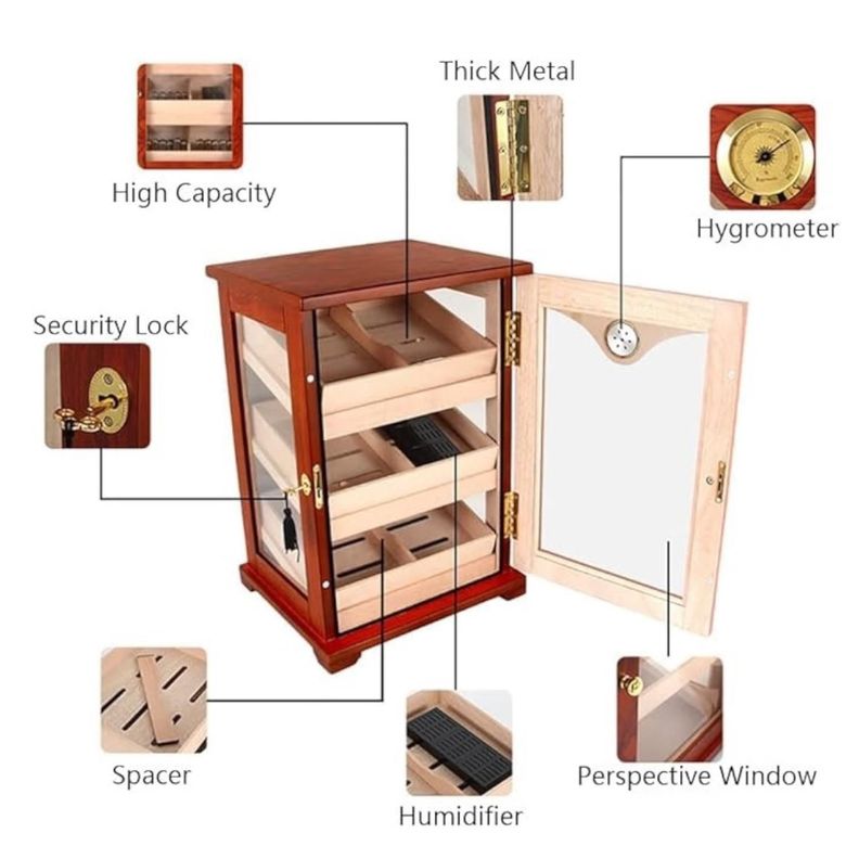 GABINETE HUMIDOR DE PUROS MADERA CAOBA 3 NIVELES CON HIGROMETRO-5