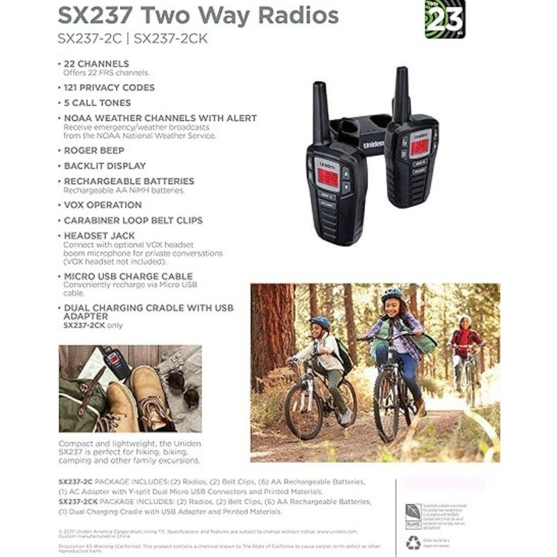 RADIO TRANSMISOR 2 VÍAS WALKIE TALKIE Uniden XS237-2C-2