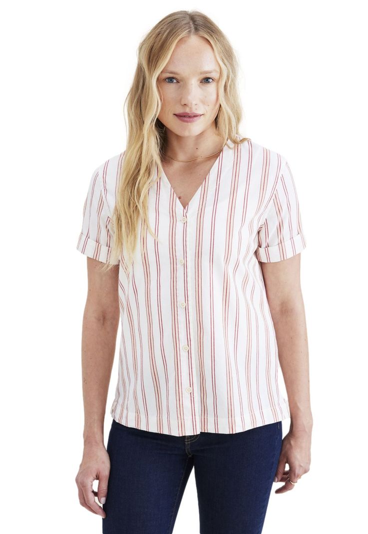 Blusa Mujer V Neck Button Up Regular Fit Roja Rayada A4269-0007-0