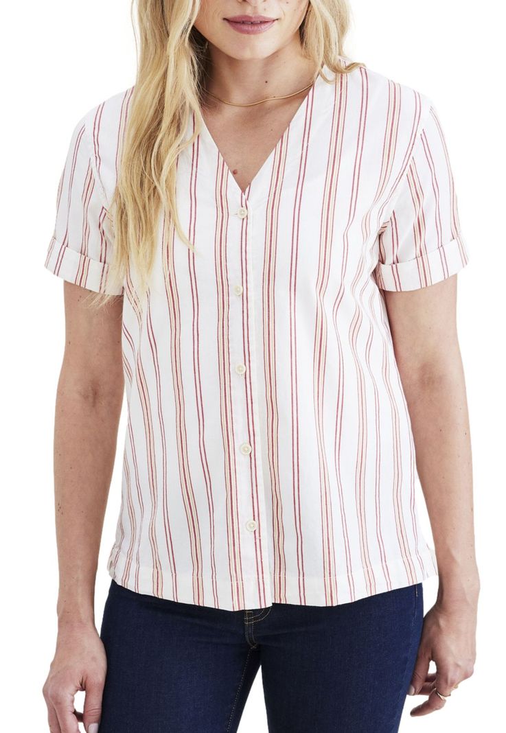 Blusa Mujer V Neck Button Up Regular Fit Roja Rayada A4269-0007-1