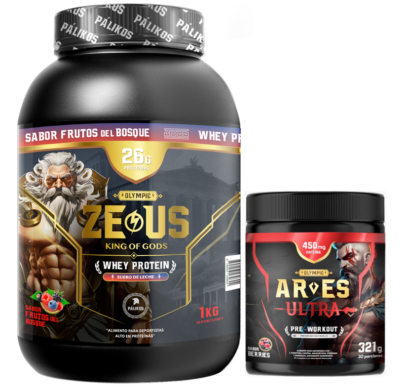 Proteina Zeus 1kg Frutos del bosque + Ares Ultra 450 mg cafeina.