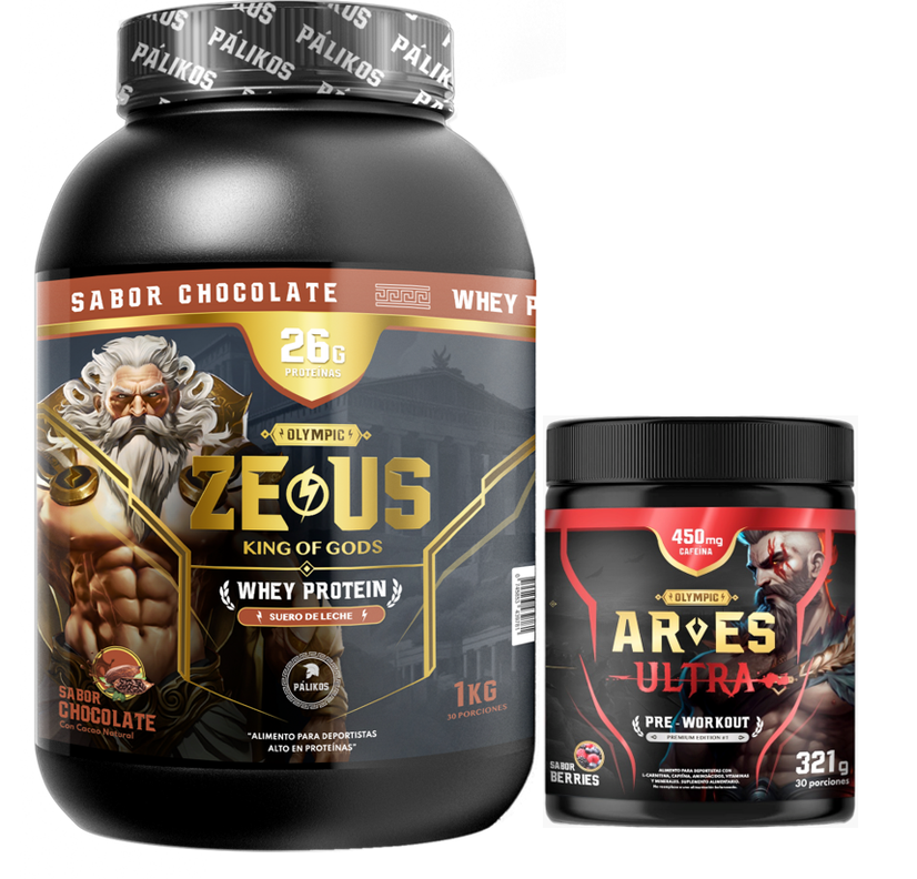 Proteina Zeus 1kg Chocolate + Ares Ultra 450 mg cafeina.