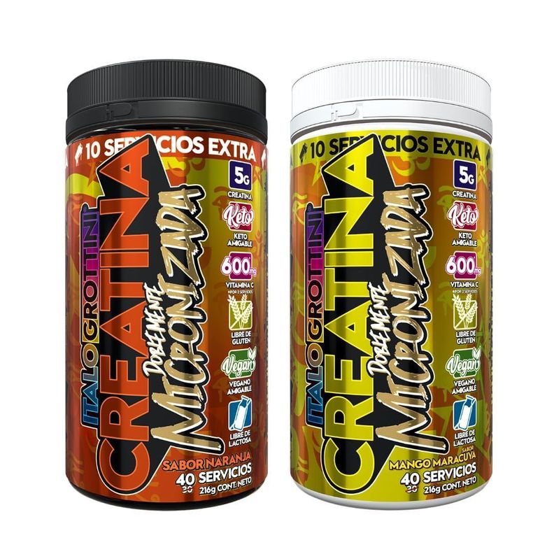 2 FRASCOS CREATINA MONOHIDRATO - 40 SERV C/U - Italo grottini - NARANJA Y MANGO MARACUYA-0