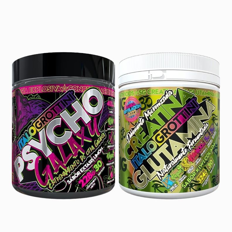 PRE-ENTRENO PSYCHO GALAXY LIMÓN 30SV + CREATINA GLUTAMINA 30SV KIWI 324G-0