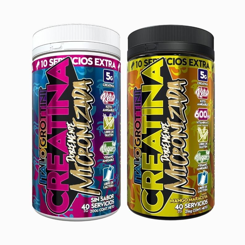 2 FRASCOS CREATINA MONOHIDRATO - 40 SERV C/U - Italo grottini - SIN SABOR Y MANGO MARACUYA-0