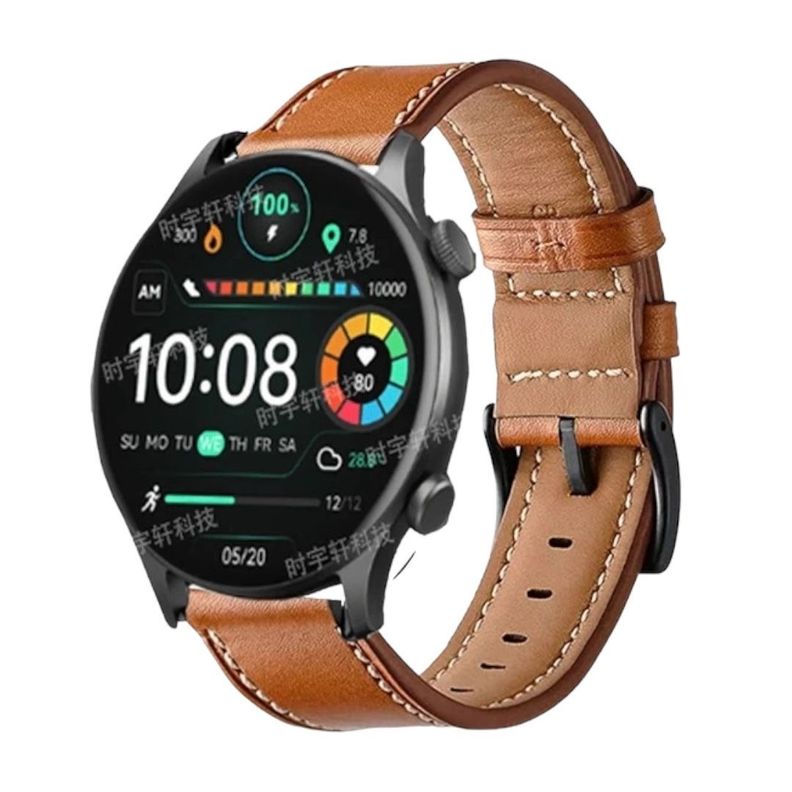 Correa SmartWatch 22 mm - Cuero Café Claro con Hilo Blanco-1