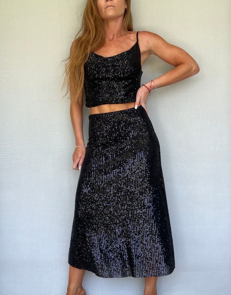 Conjunto Glam  Top y Falda lentejuelas negras-0