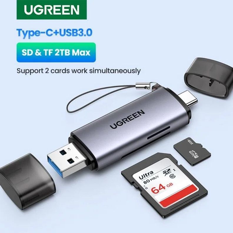 LECTOR 2EN1 MULTI-TARJETA MEMORIA DUAL USB-A 3.0/USB-C 3.1 (SD/MICROSD) ALUMINIO SILVER UGREEN CM185-1