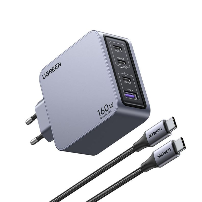 Cargador Gan Tech Fast Slim 160W 3 Usb-C / 1 Usb-A  + Cable Usb-C/Usb-C  1.5M 240W Max Ugreen X763-0