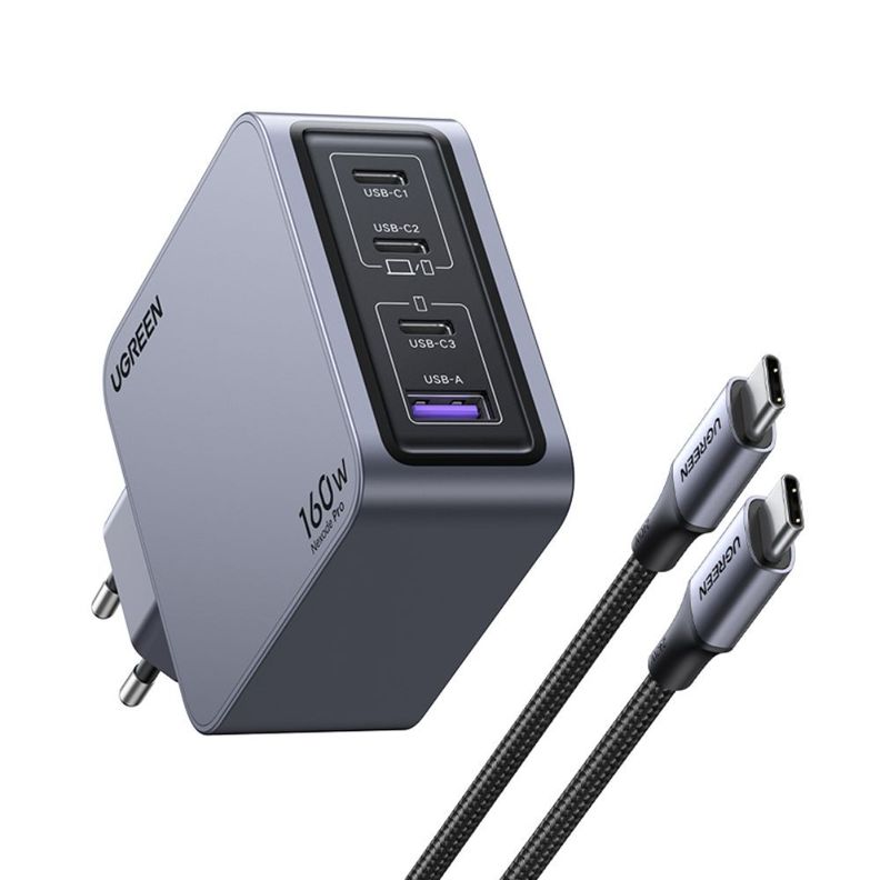 Cargador Gan Tech Fast Slim 160W 3 Usb-C / 1 Usb-A  + Cable Usb-C/Usb-C  1.5M 240W Max Ugreen X763-1