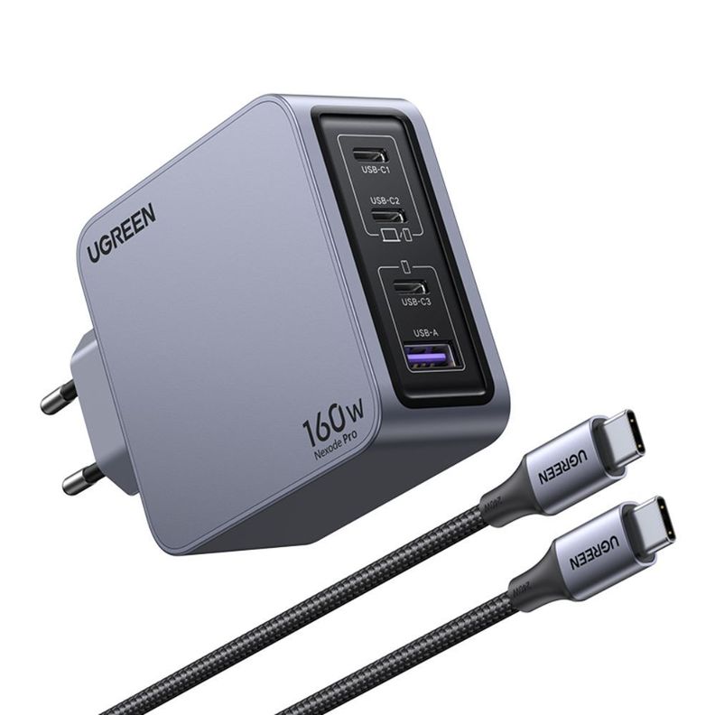 Cargador Gan Tech Fast Slim 160W 3 Usb-C / 1 Usb-A  + Cable Usb-C/Usb-C  1.5M 240W Max Ugreen X763-2