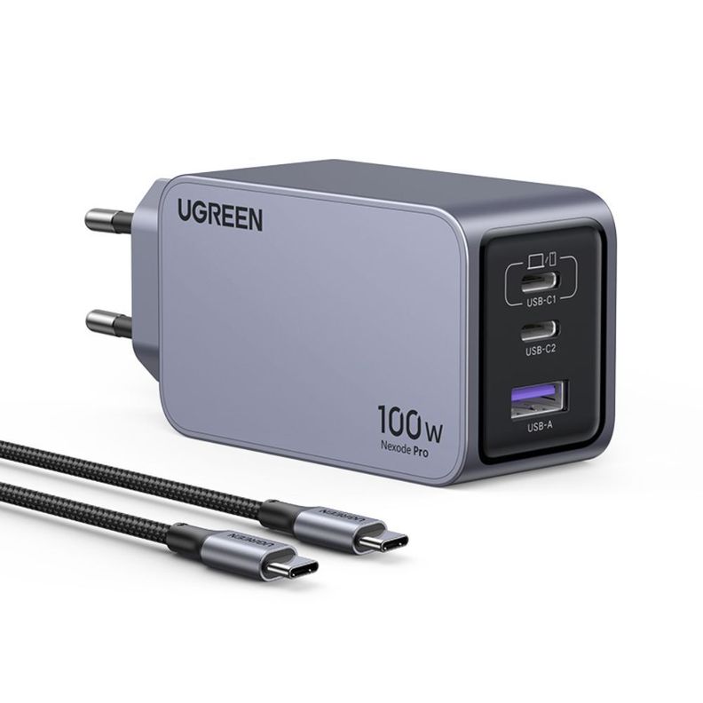 Cargador Gan Tech Fast Slim 100W 2 Usb-C / Usb-A  + Cable Usb-C/Usb-C  1.5M 100W Max Ugreen X757-2