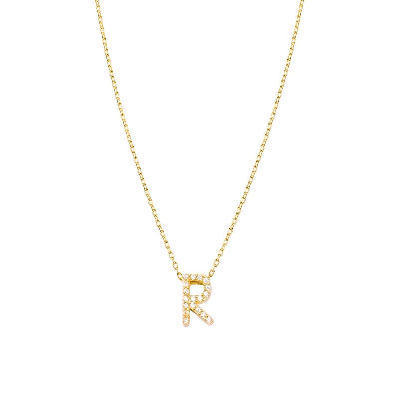 Collar de Plata Esterlina 925 Letra R Circon Revestido en Oro 18kt-0