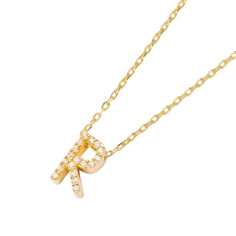 Collar de Plata Esterlina 925 Letra R Circon Revestido en Oro 18kt-1
