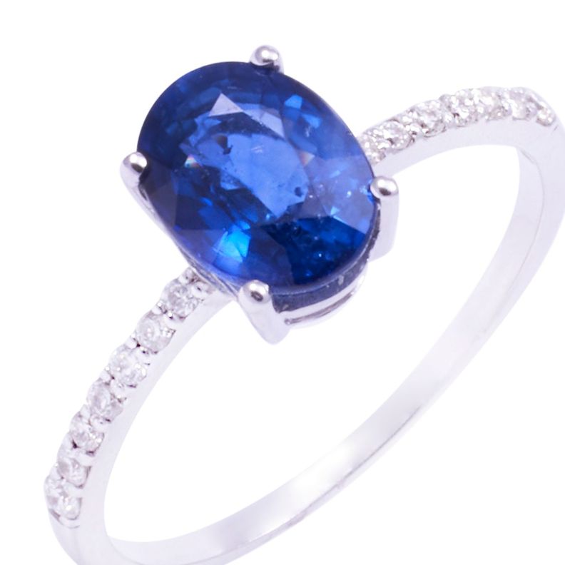 Anillo Oro Blanco 18kt Riel Diamantes 14 Pts y Zafiro 1,48 Pts-1