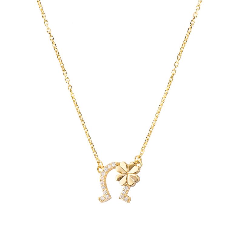 Collar de Plata Esterlina 925 Herradura Trebol Revestido en Oro 18kt-0