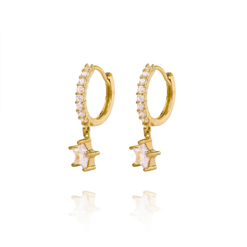 Aros de Oro 18kt Argollas Estrella Colgante y Circonitas-0