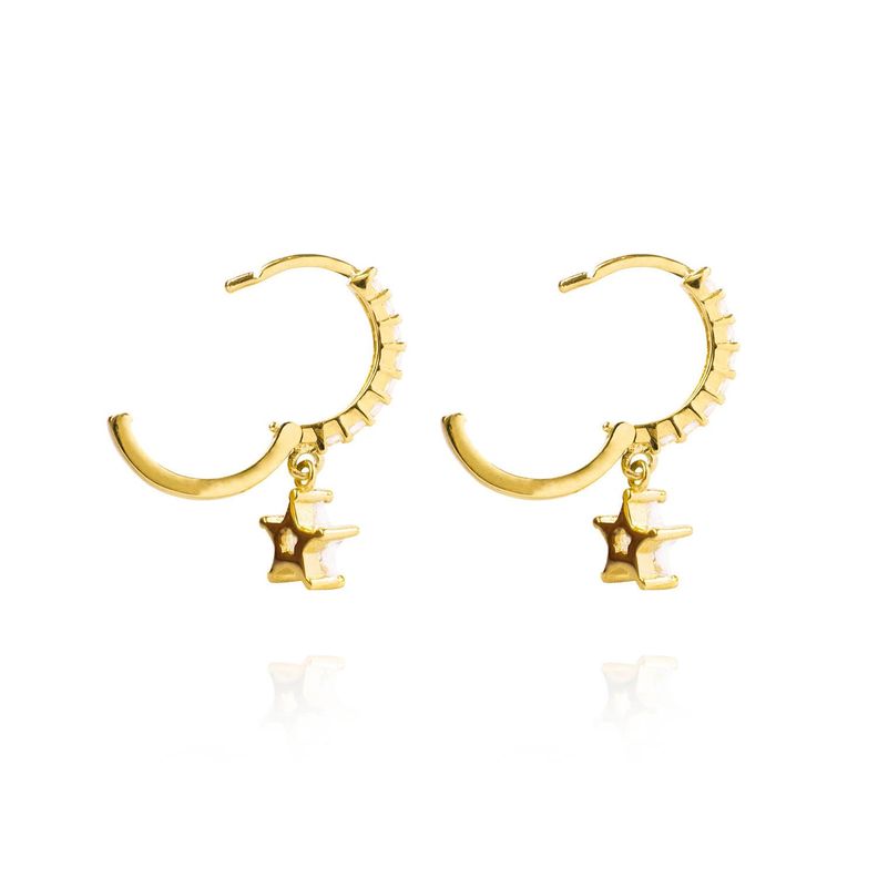 Aros de Oro 18kt Argollas Estrella Colgante y Circonitas-1