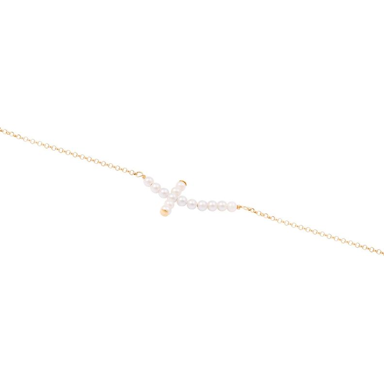 Pulsera Oro Amarillo 18kt Cruz con Perlas  3-0