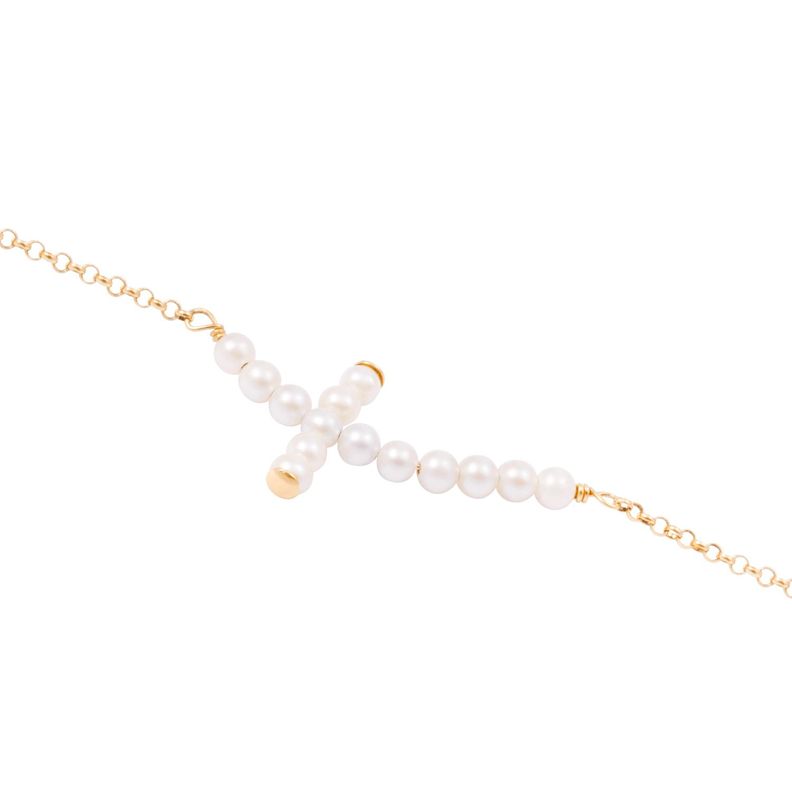Pulsera Oro Amarillo 18kt Cruz con Perlas  3-1