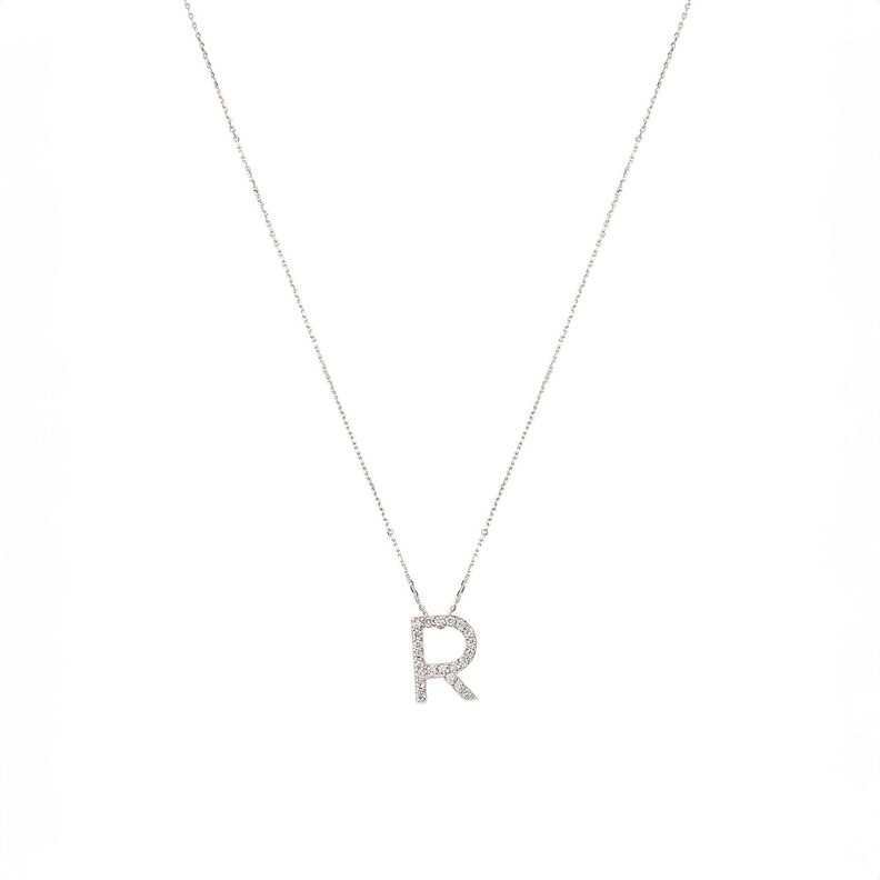 Collar Oro Blanco 18kt  Letra R Diamantes 12 Puntos-0