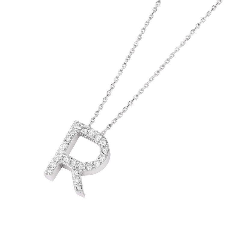 Collar Oro Blanco 18kt  Letra R Diamantes 12 Puntos-1