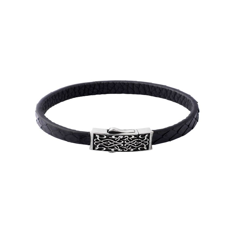 Pulsera de Plata Esterlina 925 Cuero Negro Azulado-0