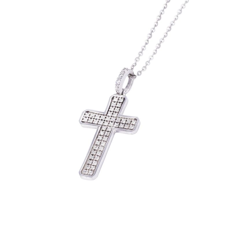 Collar Oro Blanco 18kt Cruz Doble Riel Diamantes 12 Pts-1