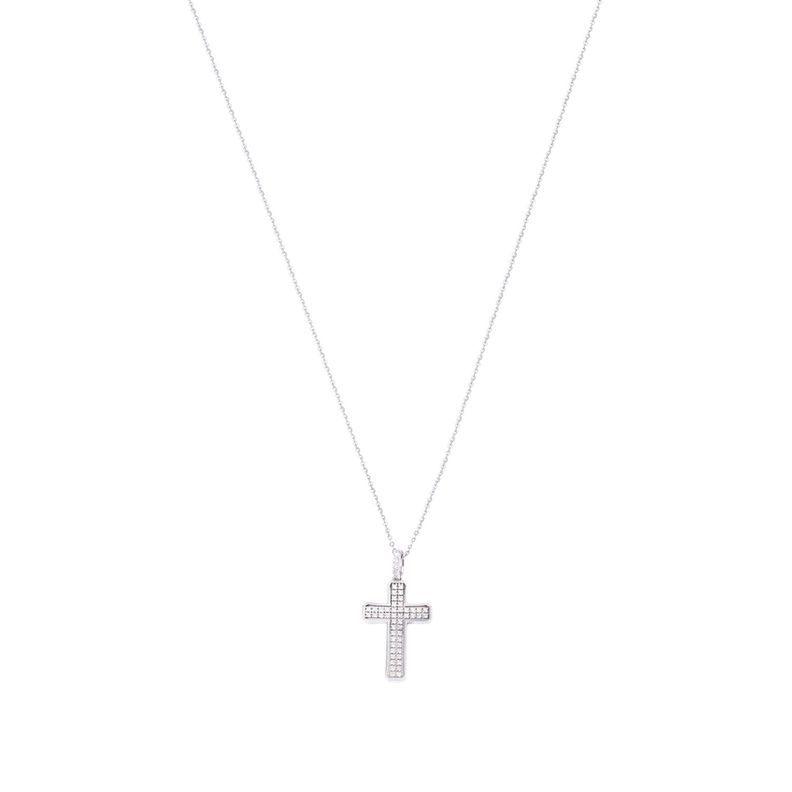 Collar Oro Blanco 18kt Cruz Doble Riel Diamantes 12 Pts-2