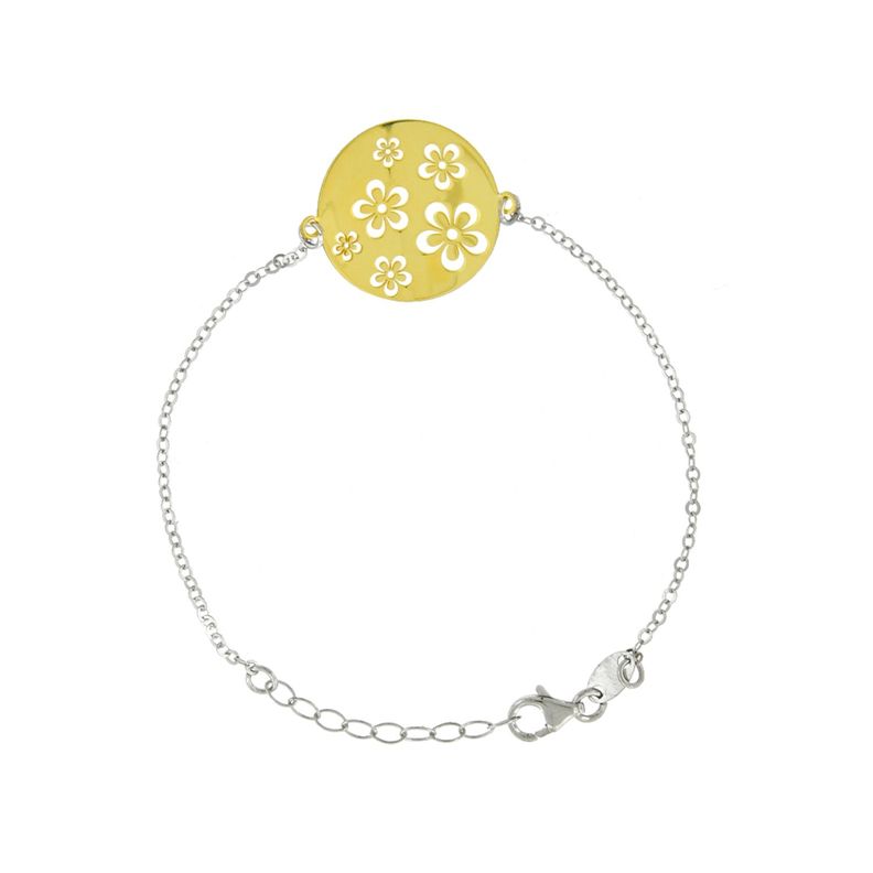 Pulsera de Plata Esterlina 925 Circulo Flores Bicolor-0