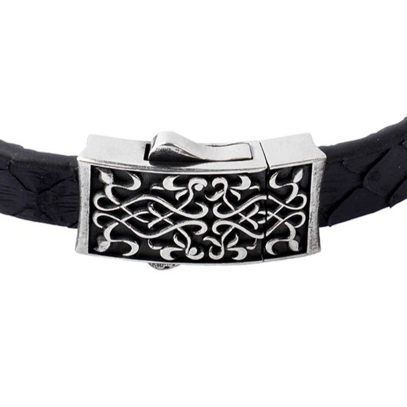 Pulsera de Plata Esterlina 925 Cuero Negro-2