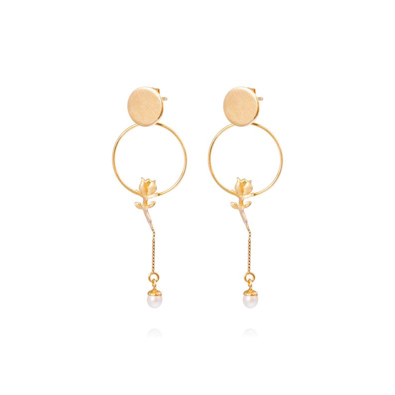 Aros Oro Amarillo 18kt Colgantes Perlas y Rosas-0