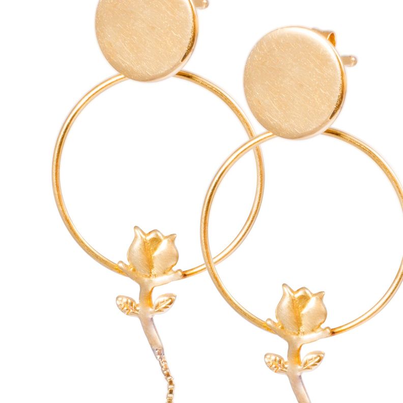 Aros Oro Amarillo 18kt Colgantes Perlas y Rosas-1